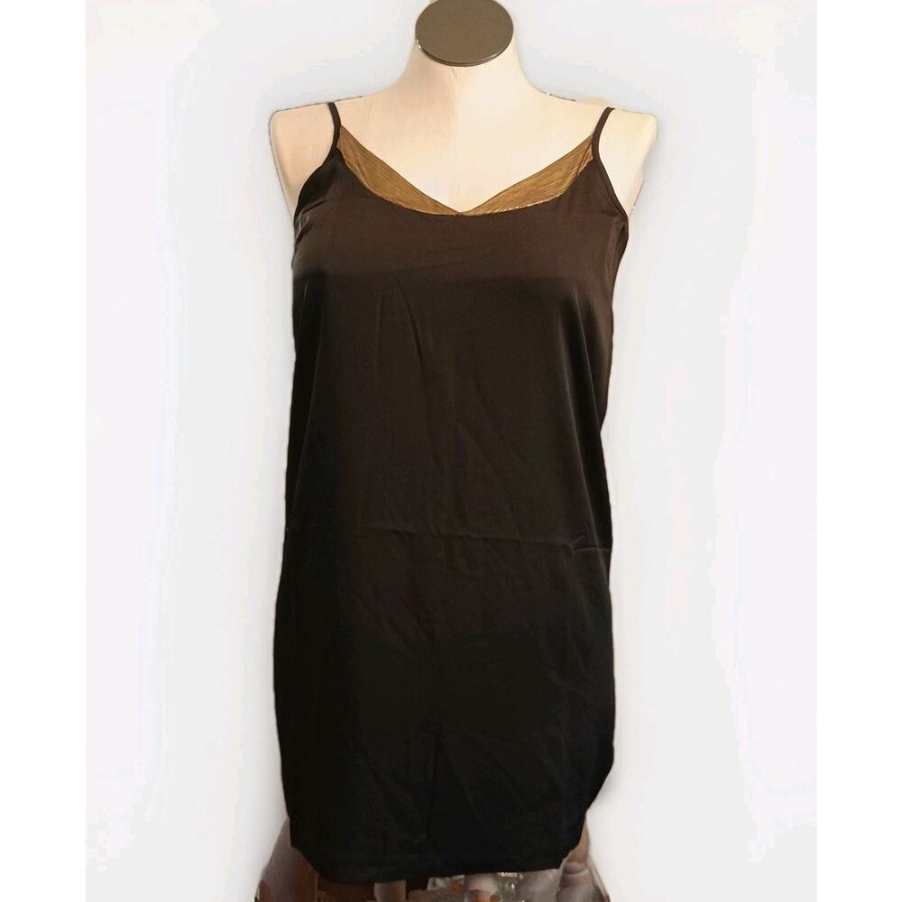 NWOT After Market Short Black Slip Dress Gold Accent Lined Neck Sz L Sexy Goth
